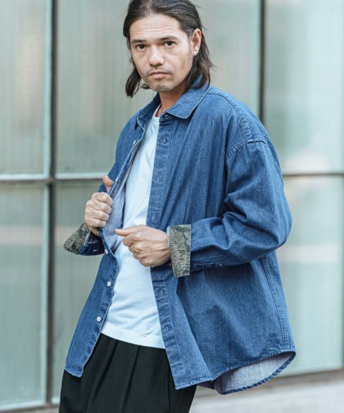 マインデニム希少ポンチョタイプシャツ CAMBIO(カンビオ)】Denim Like Drape Henley Neck Concho Button