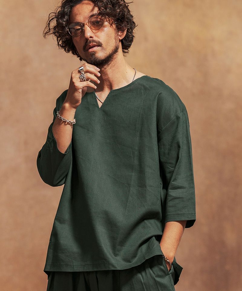 Jih Nuncコットンリネンキーネック7分袖プルオーバーシャツSサイズ　黒 Jih Nunc tシャツ mlt4631- コットンリネンキーネック7分袖プル