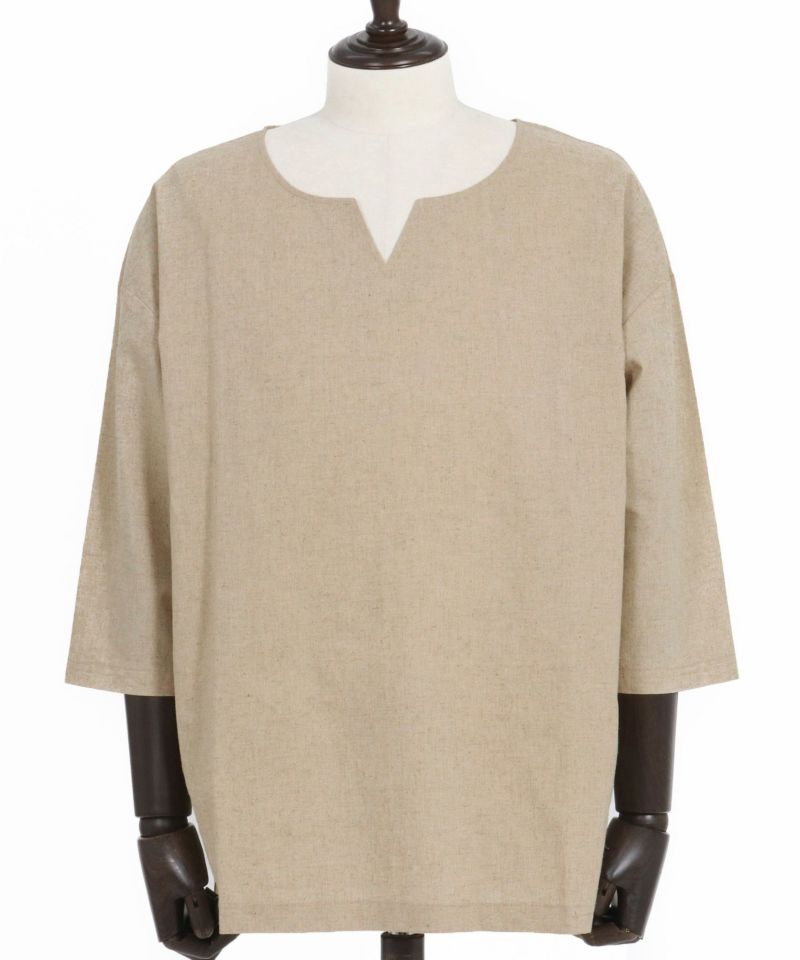 Jih Nunc(ジーヌンク)】コットンリネンキーネック7分袖プルオーバー