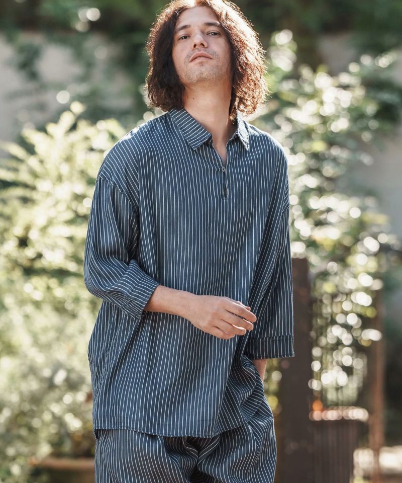 CAMBIO(カンビオ)】【予約販売5月上旬～中旬入荷】Silky Stripe Denim Band Collar Skipper 3-4  Sleeve Shirts 7分袖シャツ(MIU-251-020) | CAMBIO カンビオ