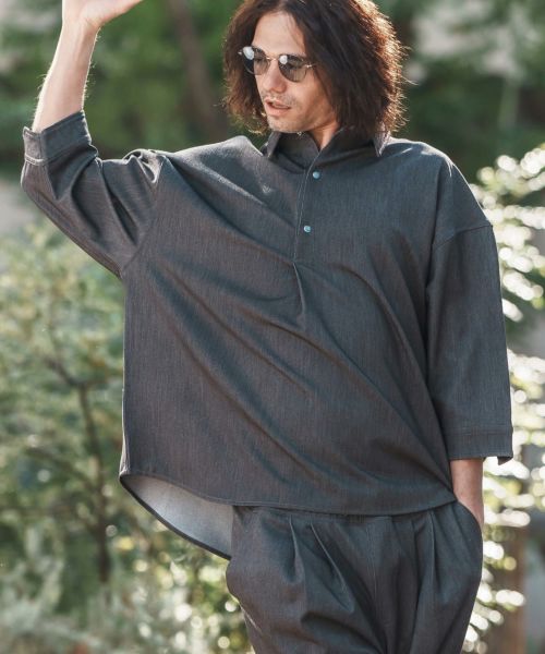 【CAMBIO(カンビオ)】Denim Like Drape Turquoise Button Pullover Shirts プルオーバーシャツ(MIU-251-031)