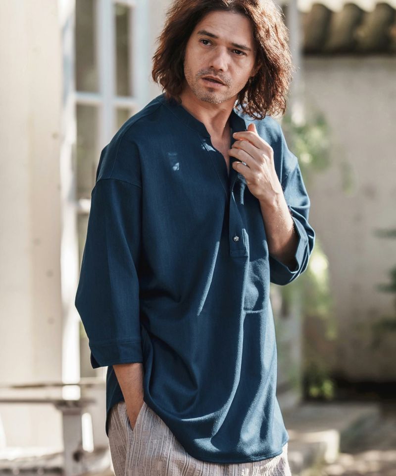 5 1/2HALFZIP _DENIM SHIRT デニムシャツ 23AW CAMBIO(カンビオ)】Denim Like Drape Henley Neck Concho Button
