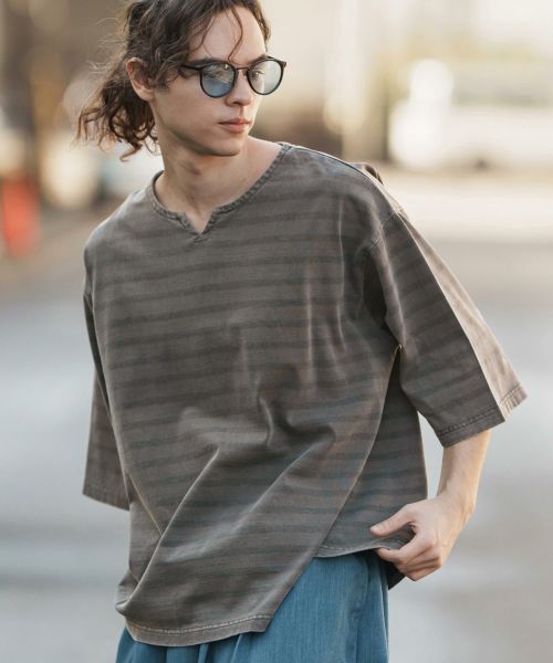 【CAMBIO(カンビオ)】Pigment Overdyed Border Key Neck Cut sew Tシャツ(CMP-251-010)