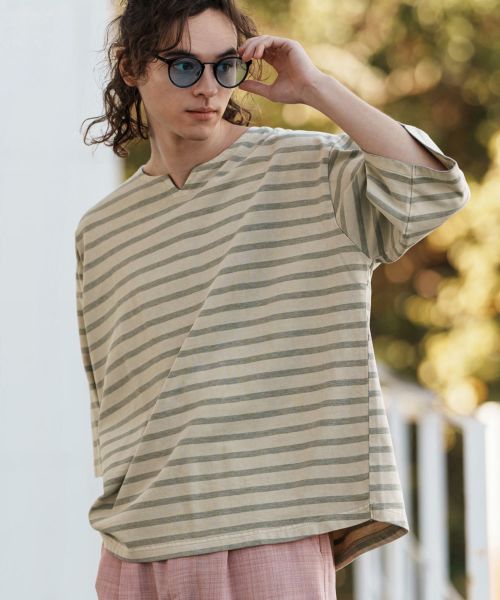 50%OFF【CAMBIO(カンビオ)】Pigment Overdyed Border Key Neck Cut sew Tシャツ(CMP-251-010)