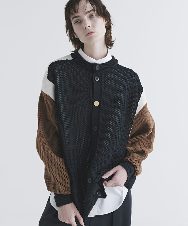 CULLNI(クルニ)】Bi Color Collarless Mesh Knit Jacket ノーカラー  
