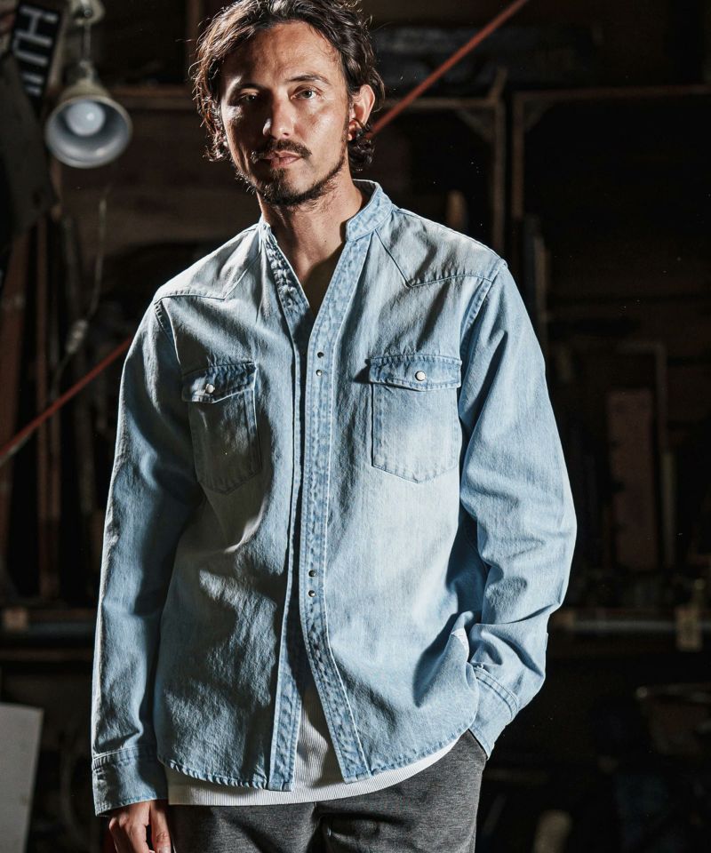 wjk reluxe】tight knit denim no collar western shirt ノー