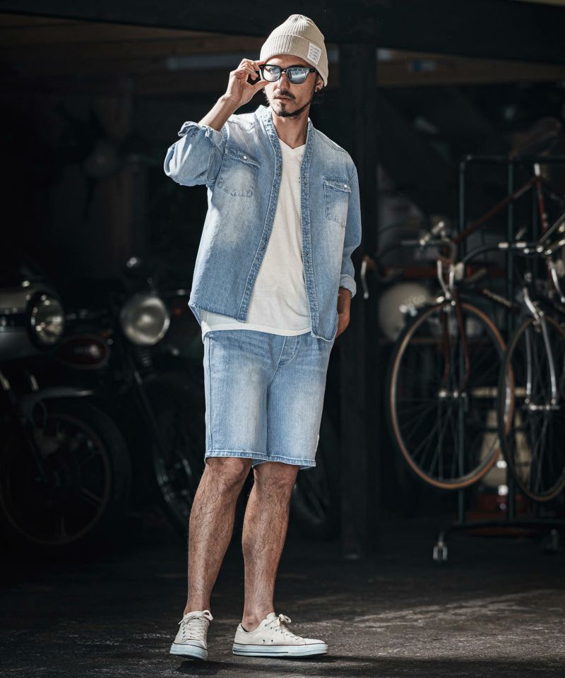 wjk reluxe】tight knit denim no collar western shirt ノーカラー