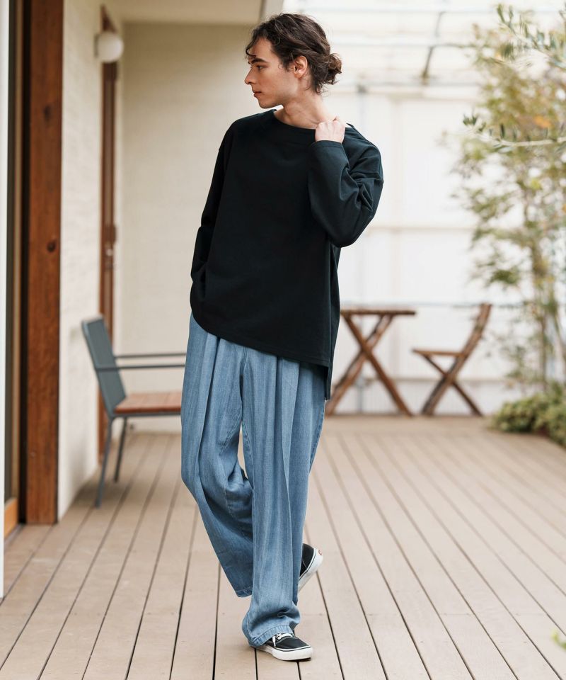 CAMBIO(カンビオ)】Silky Denim Two Tuck Wide Straight Pants