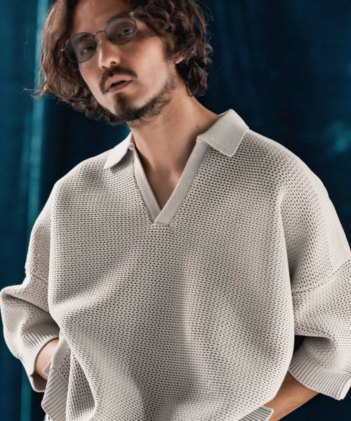 【ANGENEHM(アンゲネーム)】Skipper design airy yarn & mesh knitted polo shirt ニットポロシャツ(AG04-009scf)