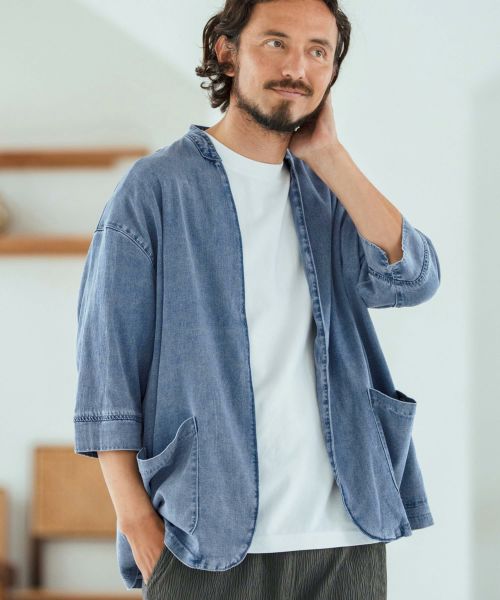 【Magine(マージン)】【予約販売5月中旬～下旬入荷】Rayon Denim Fabric Button & Lapelless 3-4 Sleeve Jacket デニムジャケット(MGN-252-004)
