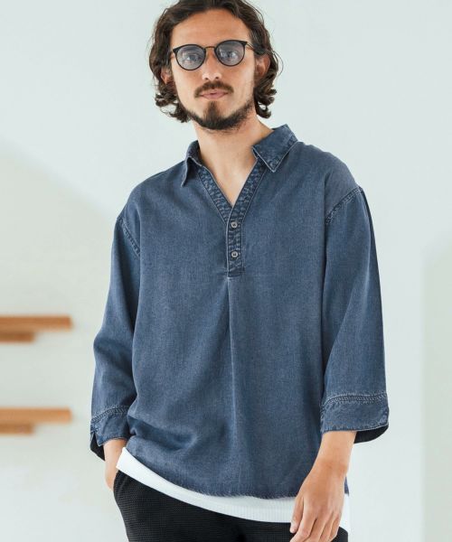 【Magine(マージン)】Rayon Denim Fabric Skipper & pullover design 3-4 Sleeve shirt 7分袖シャツ(MGN-252-012)