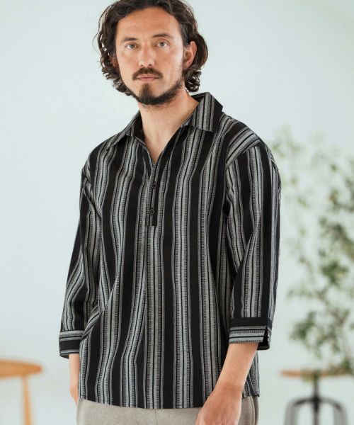 【Magine(マージン)】Striped Fabric Skipper & pullover design 3-4 Sleeve shirt 7分袖シャツ(MGN-252-019)