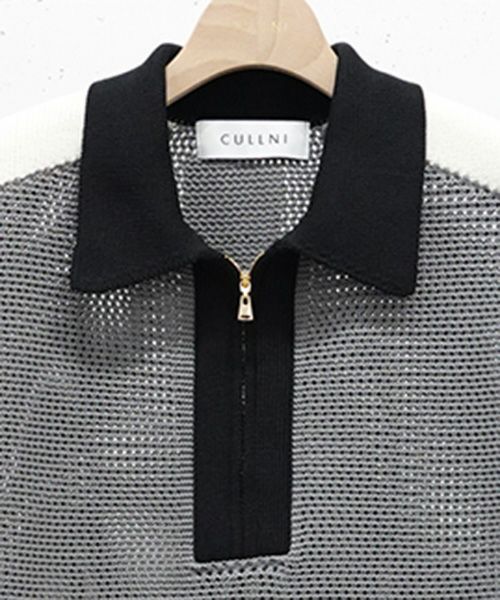 CULLNI - 【残り一点】Bi Color Mesh Knit Zip Up Polo Shirt