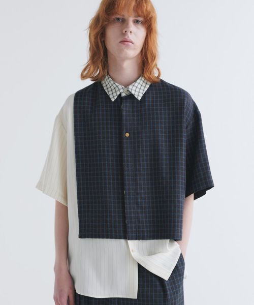 50%OFF【CULLNI(クルニ)】Check Asymmetrical Stripe Short Sleeve Shirt ショートスリーブシャツ(25-SS-021)