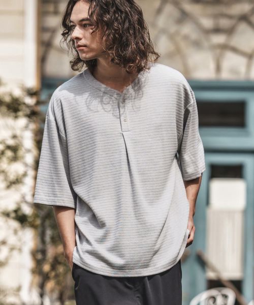 【CAMBIO(カンビオ)】Border Dobby Jacquard Henley Neck Cut sew Tシャツ(S46425cmb)