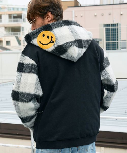 【STUD MUFFIN(スタッドマフィン)】【予約販売10月中旬～下旬入荷】 ヘビーウエイト裏毛パイル-シャギーチェックサガラパッチワーク ビックジップワイドパーカー(524-02836)