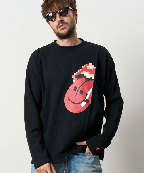 【STUD MUFFIN(スタッドマフィン)】【予約販売9月中旬～下旬入荷】 3MIXレイヤードカットオフ モザイクプリント LS ワイドシルエットTシャツ(524-02823)