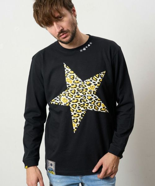 【STUD MUFFIN(スタッドマフィン)】【予約販売8月中旬～下旬入荷】 5.6ozコットン天竺 レオパードスタースマイル発泡プリント LS Tシャツ(524-02818)