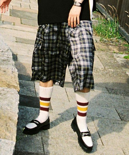 【EFFECTEN(エフェクテン)】【予約販売6月下旬～7月上旬入荷】 Distorted check wide cargo short pants ワイドカーゴショートパンツ(efite-02)