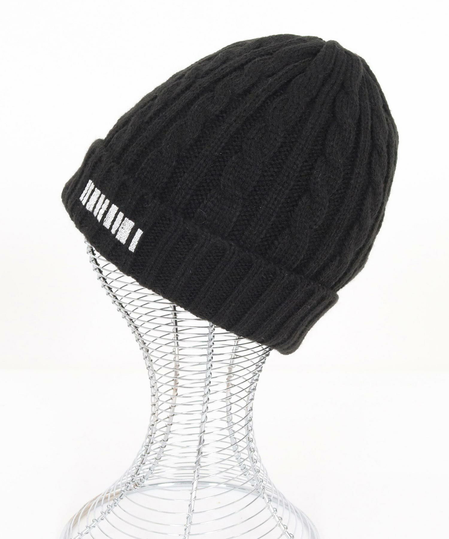 felkod(フィルコッド)】Barcode Embroidery Cable Knit Cap ケーブル
