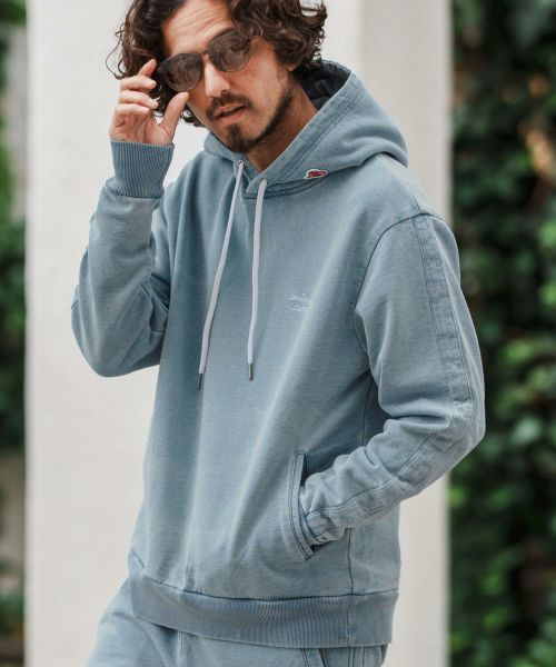 【1minute 1second(ワンミニットワンセカンド)】【予約販売9月下旬～10月上旬入荷】heavy weight knit denim hoody with cursive embroidery ニットデニムパーカー(1M25A070)