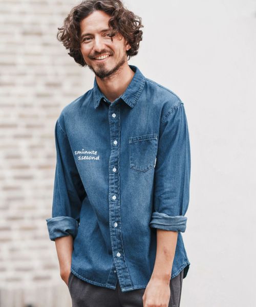 【1minute 1second(ワンミニットワンセカンド)】【予約販売9月上旬～中旬入荷】long sleeve denim shirt with cursive embroidery デニムシャツ(1M25A260)