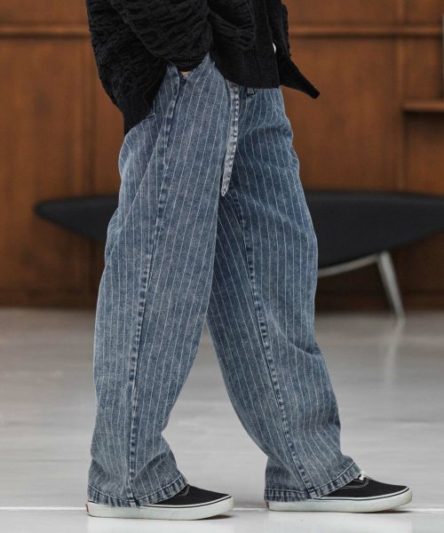 【CAMBIO(カンビオ)】【予約販売10月中旬～下旬入荷】Stripe Denim Two Tuck Wide Belted Pants ストライプデニムパンツ(MIU-252-026)