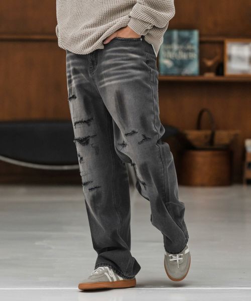【CAMBIO(カンビオ)】【予約販売8月中旬～下旬入荷】Distressed Denim Relax Straight Pants デニムパンツ(SHA38025cmb)