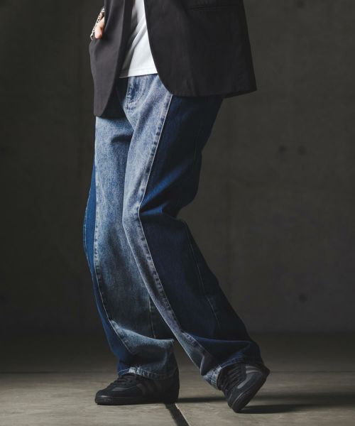 【GLIMCLAP(グリムクラップ)】【予約販売9月中旬～下旬入荷】Denim wide-leg trousers-Reconstructed design- デニムパンツ(19-017-gla-cf)