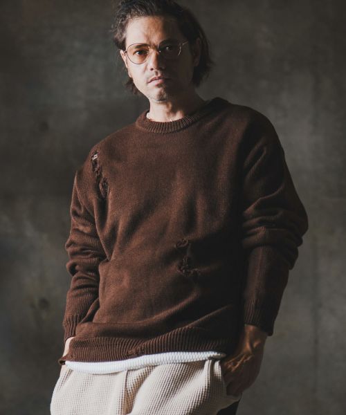 【GLIMCLAP(グリムクラップ)】【予約販売9月上旬～中旬入荷】Mid-gauge crewneck sweater-Distressed for a vintage look- クルーネックニット(19-025-gla-cf)