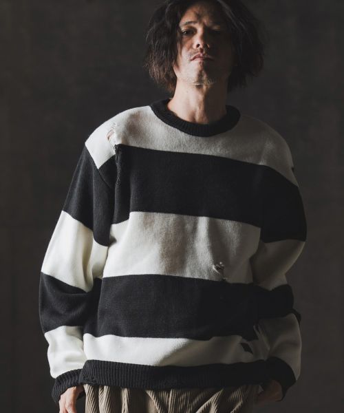 【GLIMCLAP(グリムクラップ)】【予約販売9月上旬～中旬入荷】Mid-gauge crewneck  border sweater-Distressed for a vintage look- クルーネックニット(19-026-gla-cf)