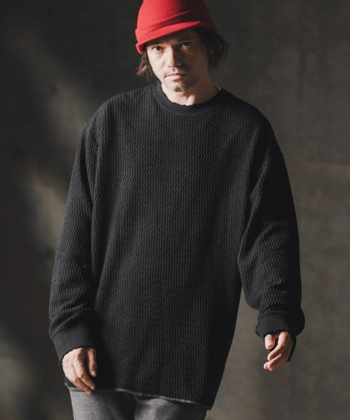 【GLIMCLAP(グリムクラップ)】【予約販売8月中旬～下旬入荷】Jacquard texture cut sew-Distressed for a vintage look- ロングスリーブプルオーバー(19-012-gla-cf)