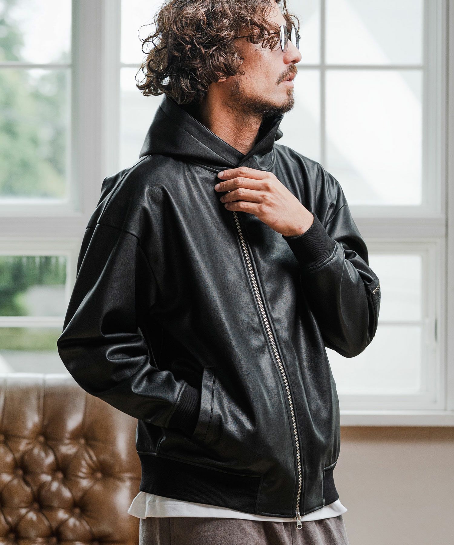 Magine(マージン)】Synthetic Leather Hooded Blouson フーデット