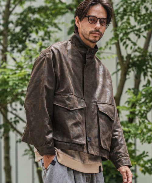【CAMBIO(カンビオ)】【予約販売10月中旬～下旬入荷】Vintage Like Synthetic Leather Short Flight Jacket レザージャケット(PF-252-008)