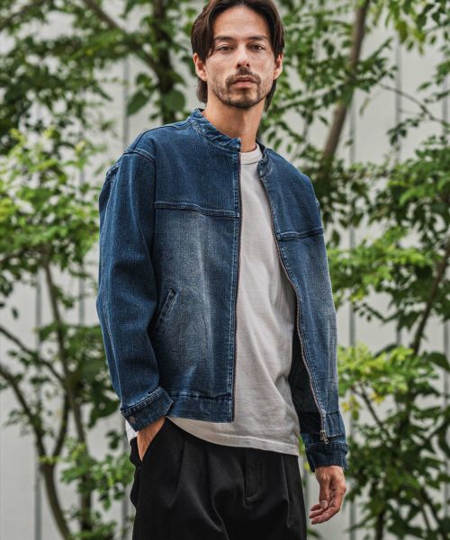 【CAMBIO(カンビオ)】【予約販売9月下旬～10月上旬入荷】ストレッチデニムシングルライダースジャケット