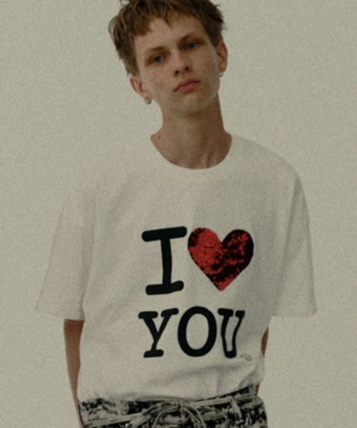 【DISCOVERED(ディスカバード)】【予約販売4月上旬～中旬入荷】I LOVE＆HATE SEQUINS DAMAGE TEE Tシャツ(DC-SS26-CU-05)