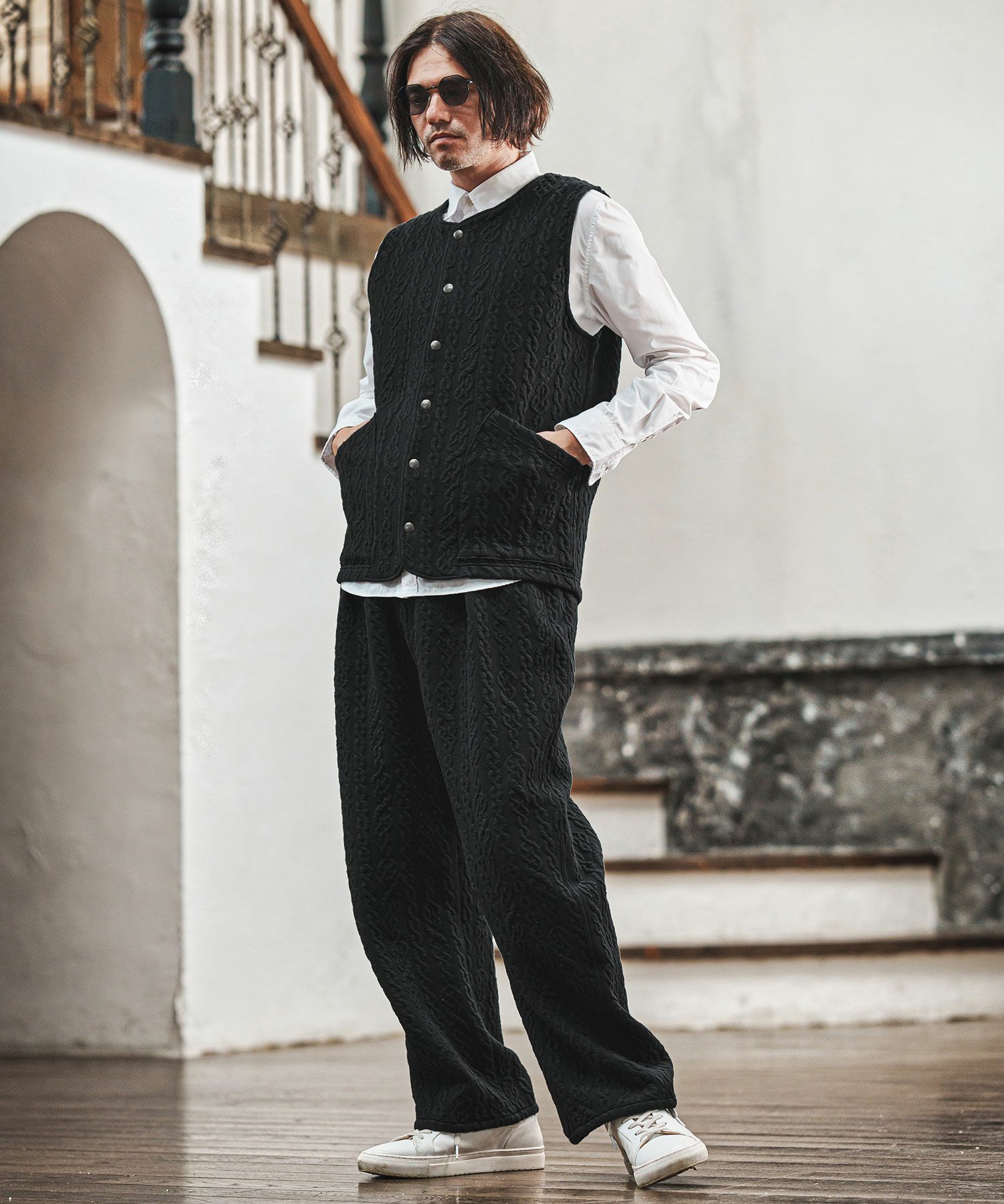 CAMBIO(カンビオ)】ストレッチケーブルキルティングノーカラーベスト