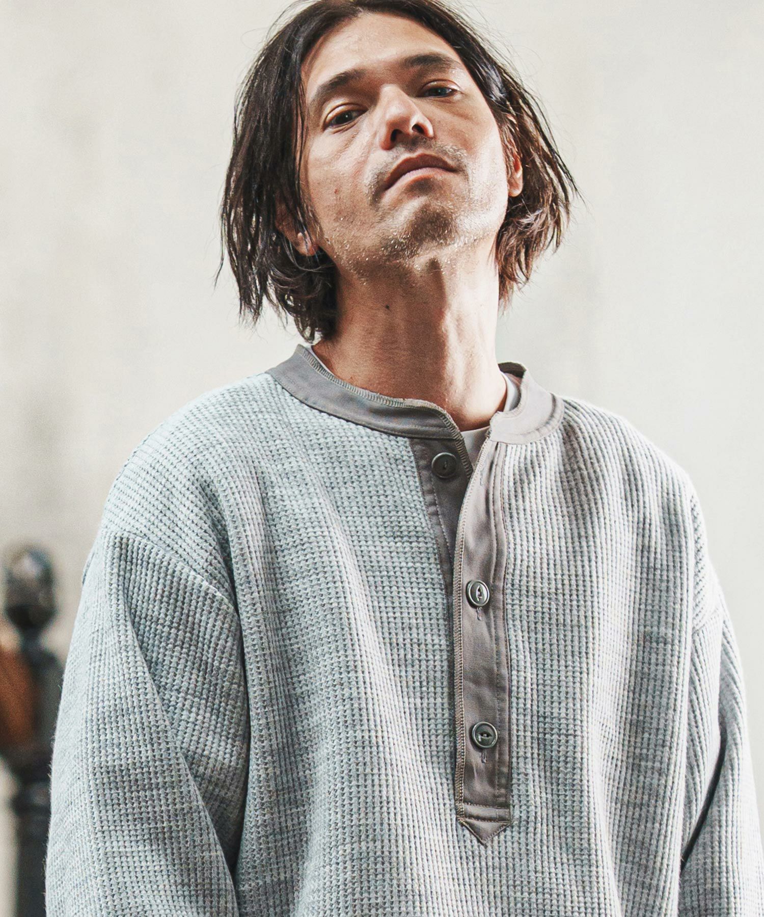 CAMBIO(カンビオ)】ウール混ビッグワッフルヘンリーネックニットソー