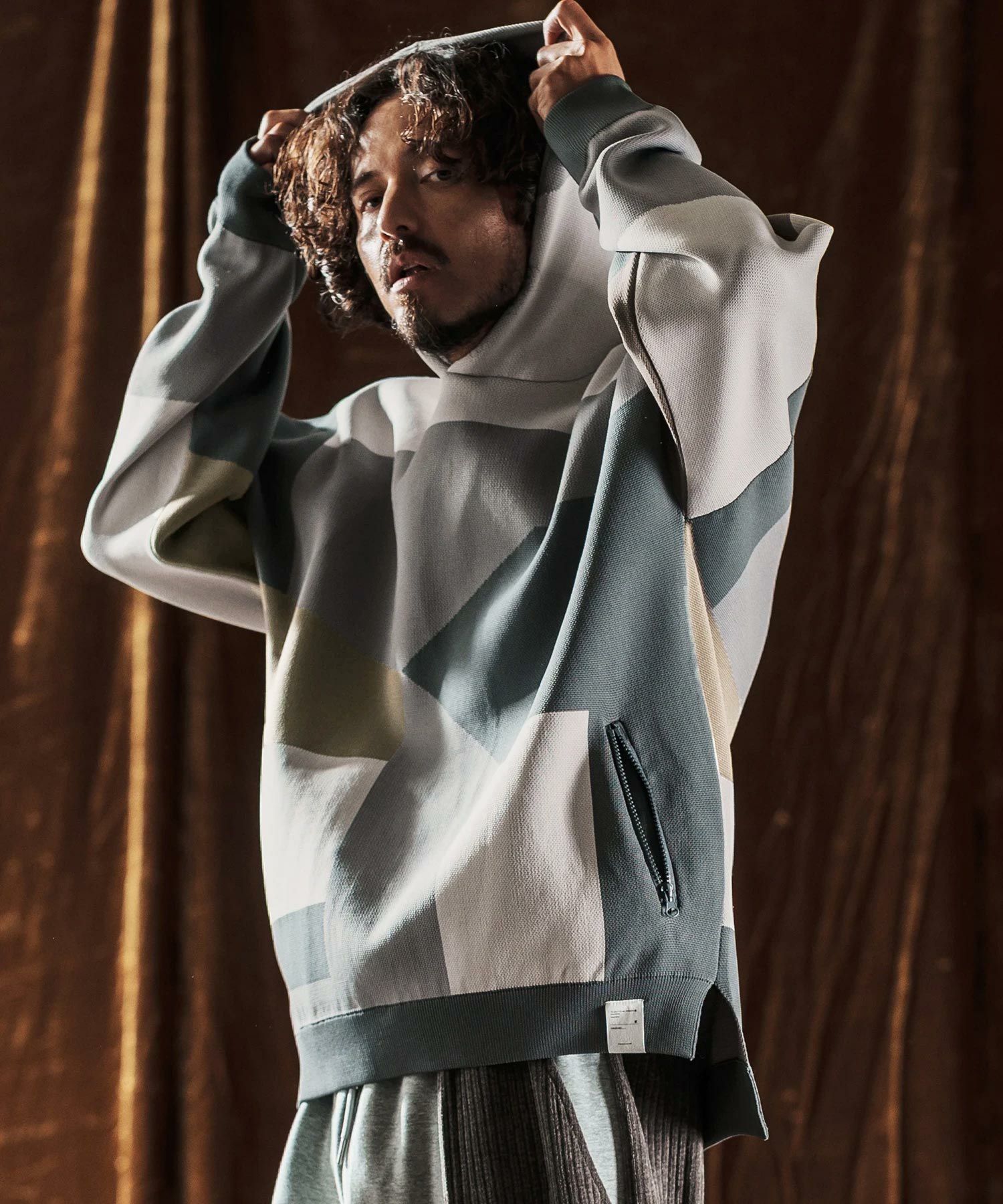 ANGENEHM(アンゲネーム)】Jacquard Block Color Hoodie -Airy Yarn