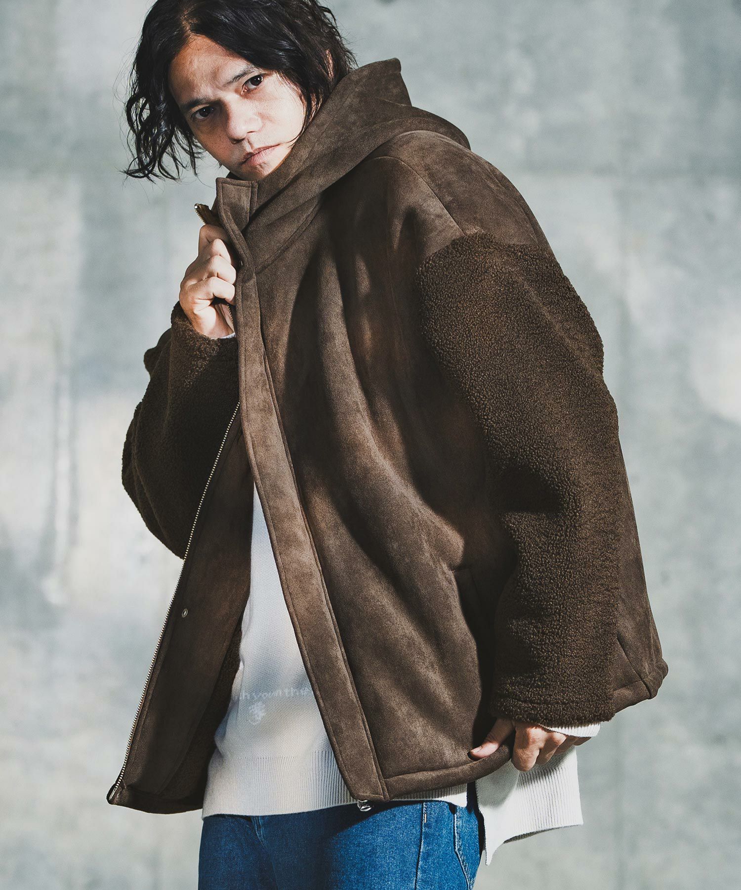 GLIMCLAP(グリムクラップ)】Boa & Mouton Panel Hoodie Jacket ボア