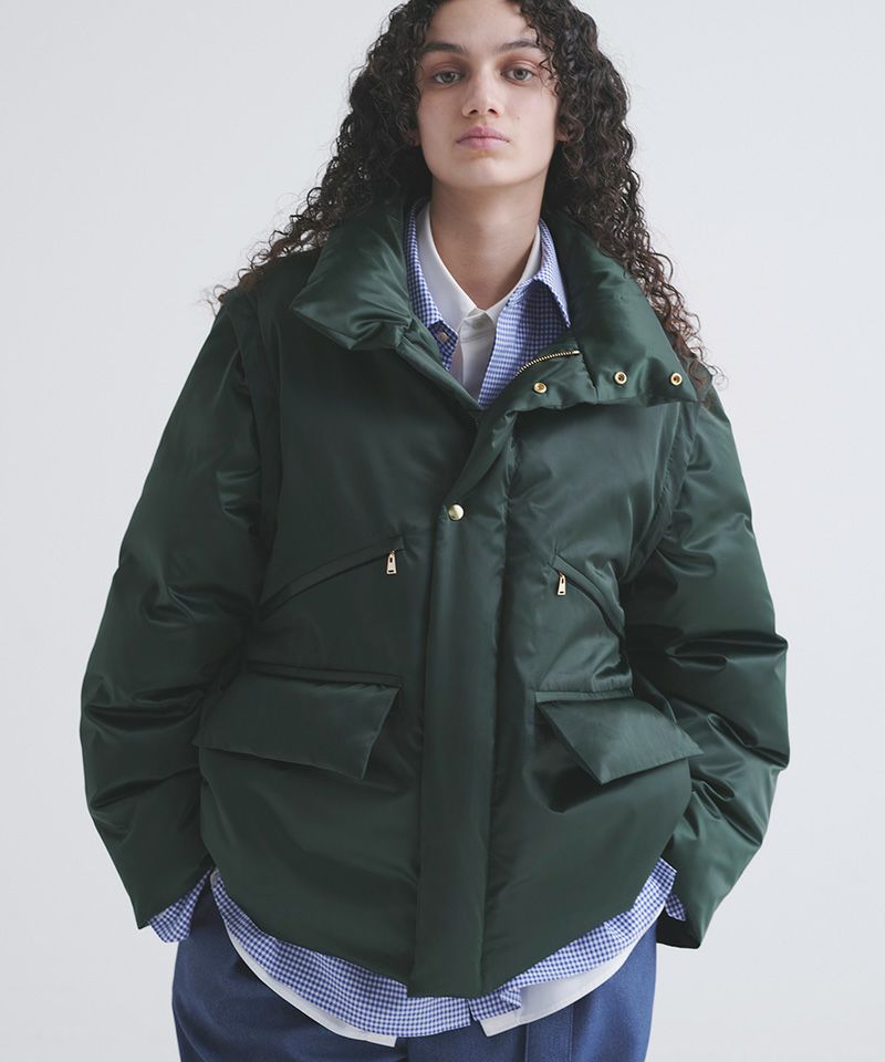CULLNI ダークグリーン アウタージャケット CULLNI(クルニ)】High Count Taffeta Removable Sleeve Down Jacket