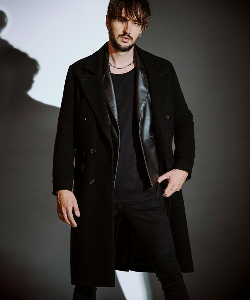 【NO ID.】カウレザースイッチングチェスターコート ブラックsize2 タグ付【NO ID.】カウレザースイッチングチェスターコート ブラック