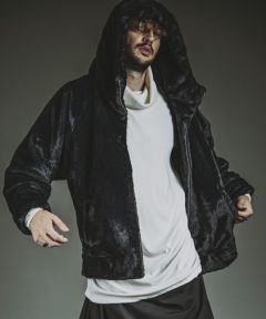 D&G ファーブルゾン黒 バックロゴ×ボリュームフード》レディース ファーブルゾン ジップ